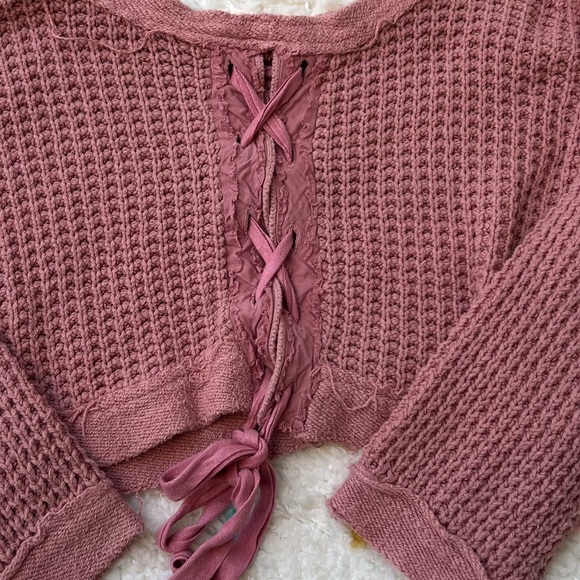 Free People | Maybe Baby Mauve Waffle Knit Bell Sleeve Lace Up Sweater - Picture 7 of 12